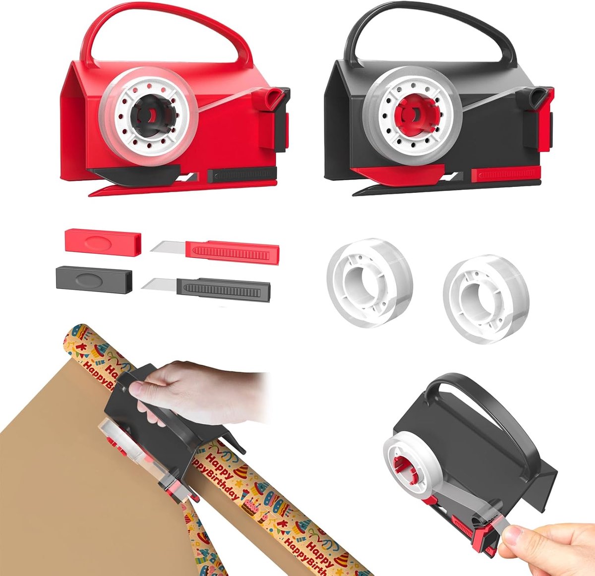 2 stuks cadeaupapiersnijder met 2 verwisselbare messen, 4 stuks lint, ideaal voor het snijden van cadeaupapier, rol Kerstmis, Halloween, verjaardag