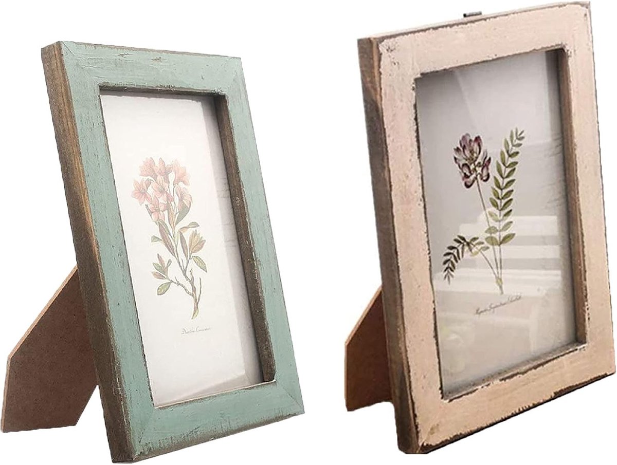 Lijsten voor muur en tafelblad, 2 stuks houten fotolijsten, retro fotolijsten 6 x 4, fotolijsten met houder, sierlijke vintage shabby chique decoratie, voor wandbureau, decoratie familie vrienden
