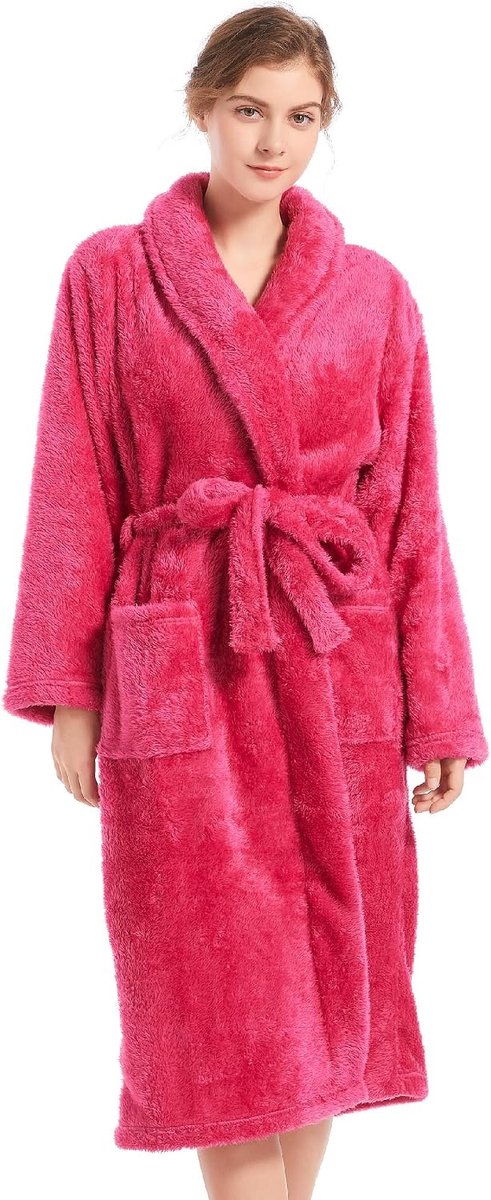 Wish Womens Plush Fleece Robe, Cozy Warm Bathrobe Fuzzy Female Spa Robe With Pockets, ROSE RED,L/XL