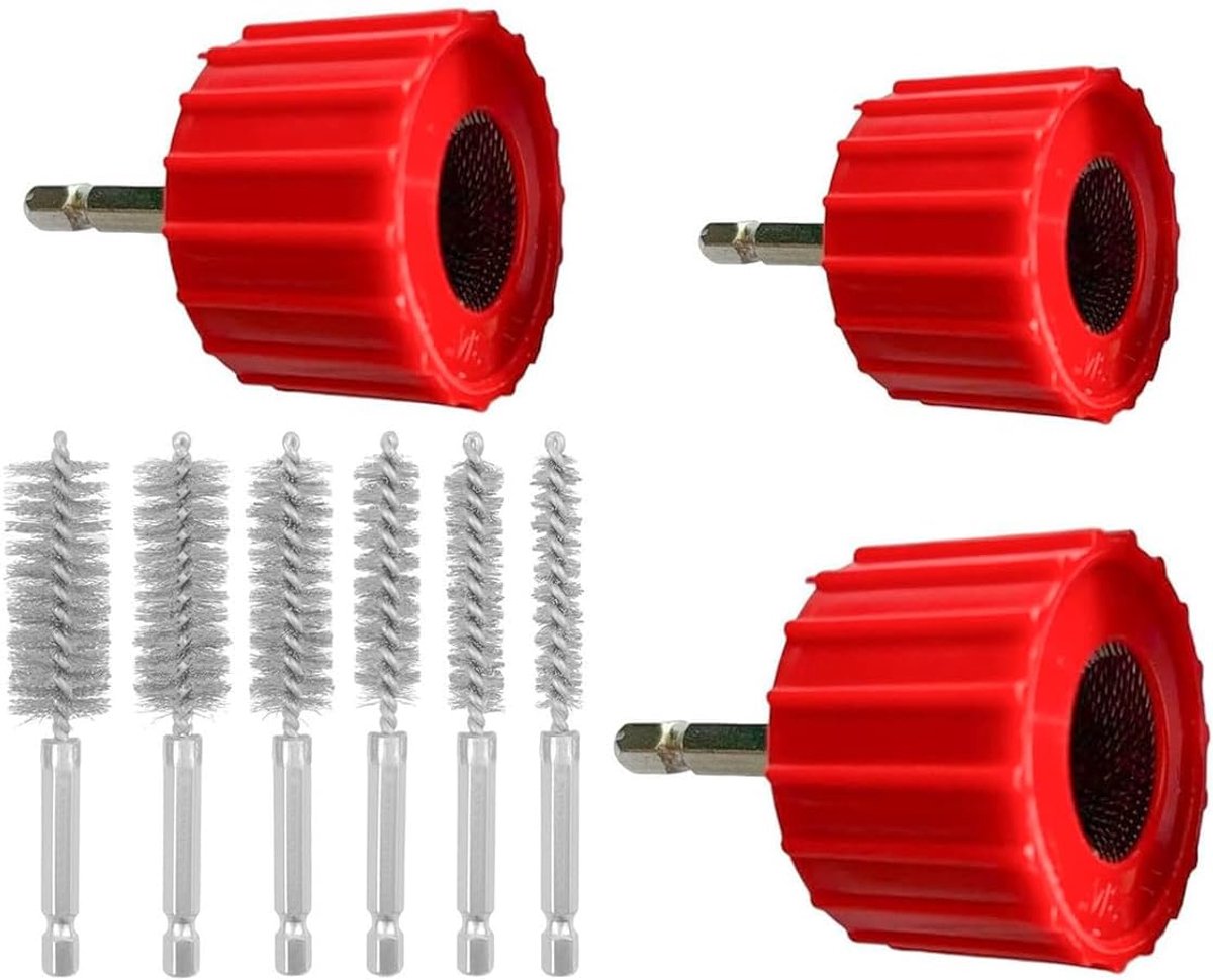 9-delige set koperen pijpreinigers voor boormachine, inclusief 1/2" 3/4" 1" buisborstel en 6 stuks draadboringborstels, metalen pijpreinigerset