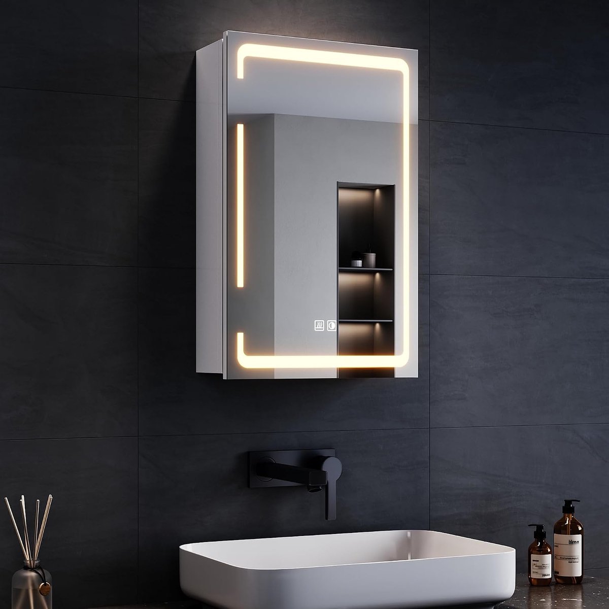 Led-spiegelkast met 3 instelbare lichtkleuren, spiegelkast voor badkamer met verlichting en condensvrij, led-badkamerkast met draadloos scharnier, design medicijnkastje