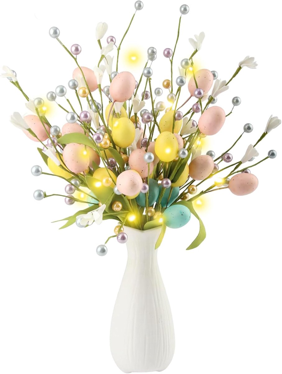 3 stuks paaseieren, 40 cm kunsttakken, kunstmatige lentebloemen met bessen, paaseieren en groen satijnen lint voor lentefeesten, tafeldecoratie voor Pasen