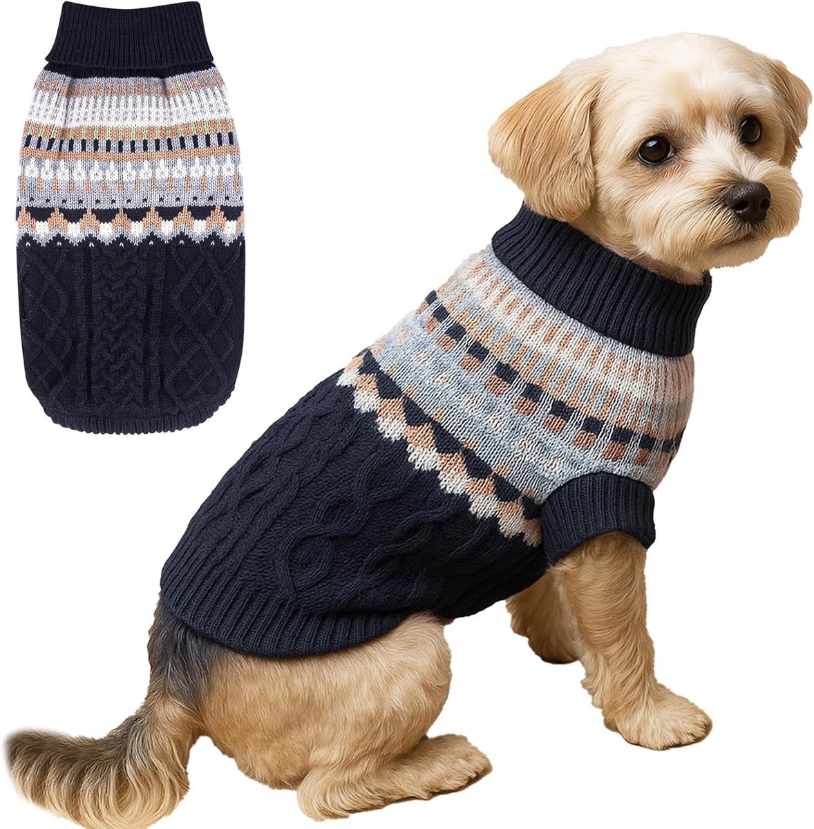 Gebreide Hond Trui Rolkraag voor Katten en Honden Koud Weer Vintage Kabel Dik Warm Winter Kleding Acryl Beige M voor X Kleine tot Medium Honden Pug Dashond Yorkie (Navy, XL)