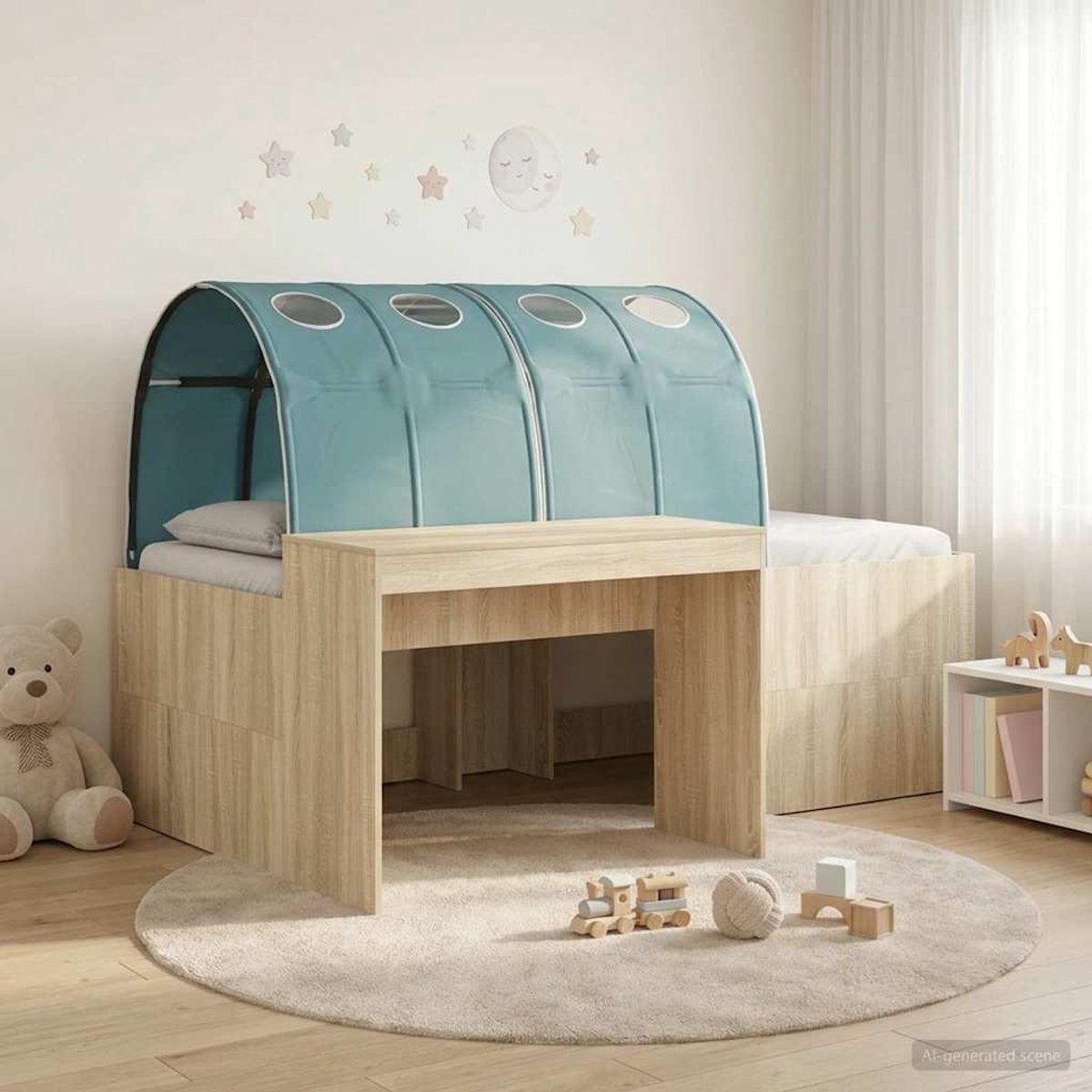 vidaXL Bed - met - Tunnel - 3 - st - Artisian - Eik - en - Lichtblauw - Bewerkt - hout Artisian eik en lichtblauw