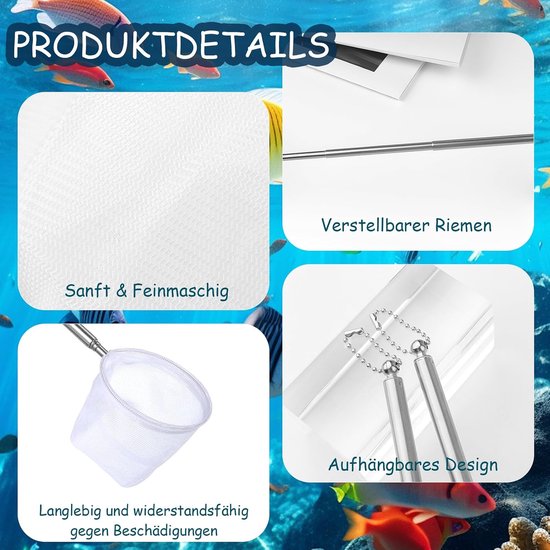 2 stuks aquarium visnet met uittrekbare roestvrijstalen handgreep, twee vormen mini schepnet, fijnmazig en scheurvast voor kleine vissen en garnalen, aquariumaccessoires voor tank, vijver en beek​​ — afbeelding 5