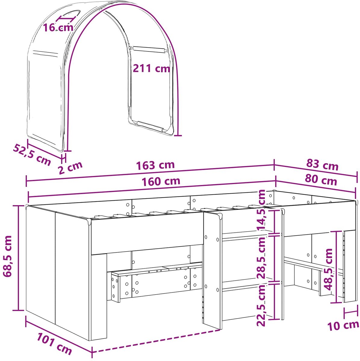 vidaXL Bed - met - Tunnel - 3 - st - Sonoma - en - Zwart - Bewerkt - hout Sonoma en zwart