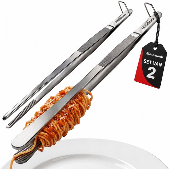 Set de 2 pinces de cuisine Matakumi en acier inoxydable, une pince tient des spaghettis à la sauce, avec une étiquette "Matakumi SET VAN 2".