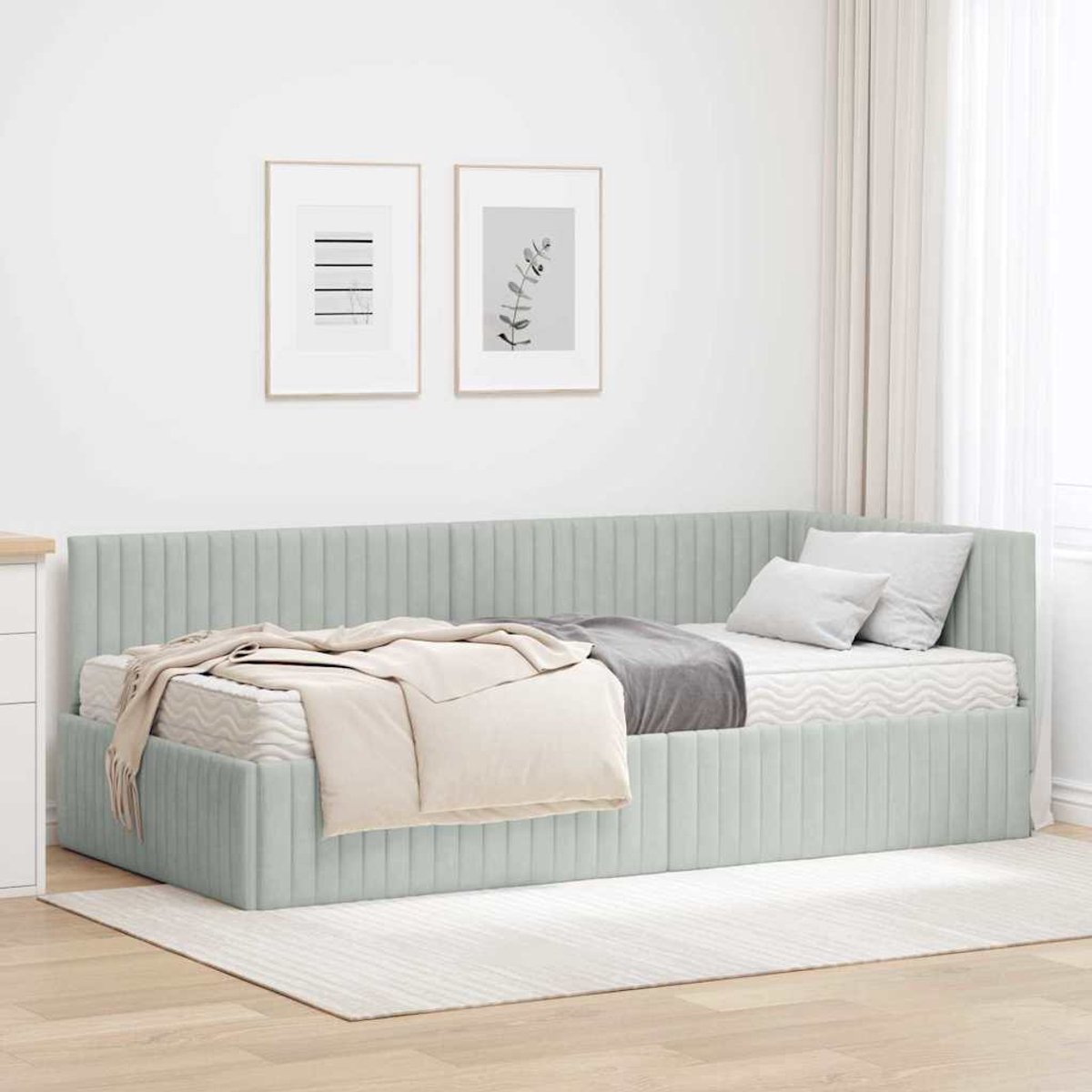 vidaXL Hoekbedframe - met - Matras - 2 - st - Lichtgrijs - 100 - x - 200 - cm - Fluweel