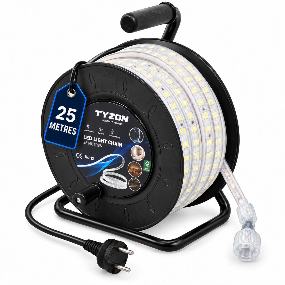 TYZON® LED Strip 25 Meter - Koud Wit 6000K - IP65 Waterbestendig - 180 LEDs/m - 230V Plug & Play - Op Trommel - Binnen/Buiten