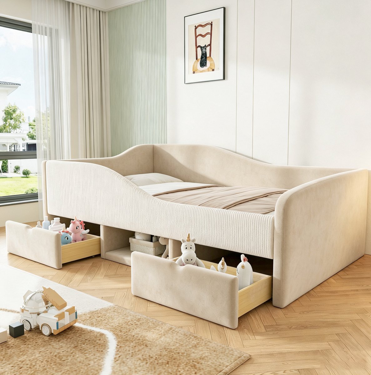 FloraGrace Kinderbed 90x190 cm - Gestoffeerd Met Uitvalbeveiliging - 2 Lades En Opbergruimte - Zonder Matras - Fluweel - Beige