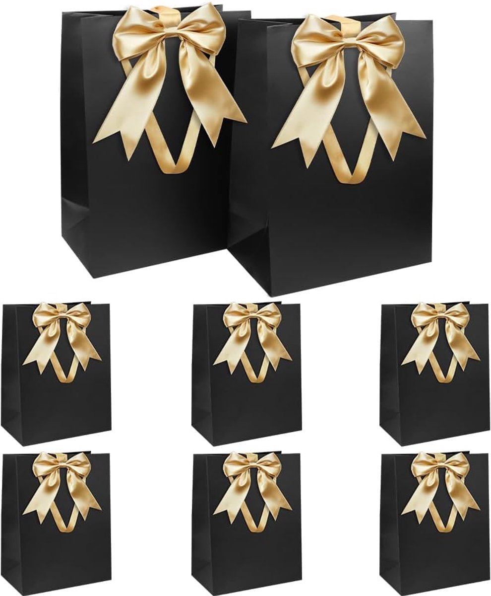 zwart cadeauzakje met strik, cadeauzakje met handvat, 8 stuks, 21 x 31 x 12 cm, grote cadeauzakjes voor Kerstmis, verjaardag, bruiloft