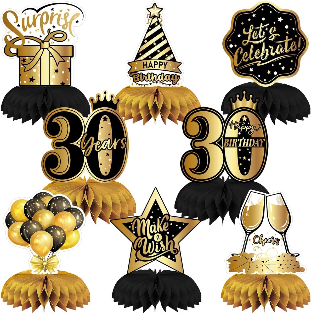 zwart-goud, 8 stuks honingraat middenstuk, tafeldecoratiepapier voor verjaardagsfeest, Happy Birthday, tafelopzetstukken voor mannen en vrouwen (goud-30)