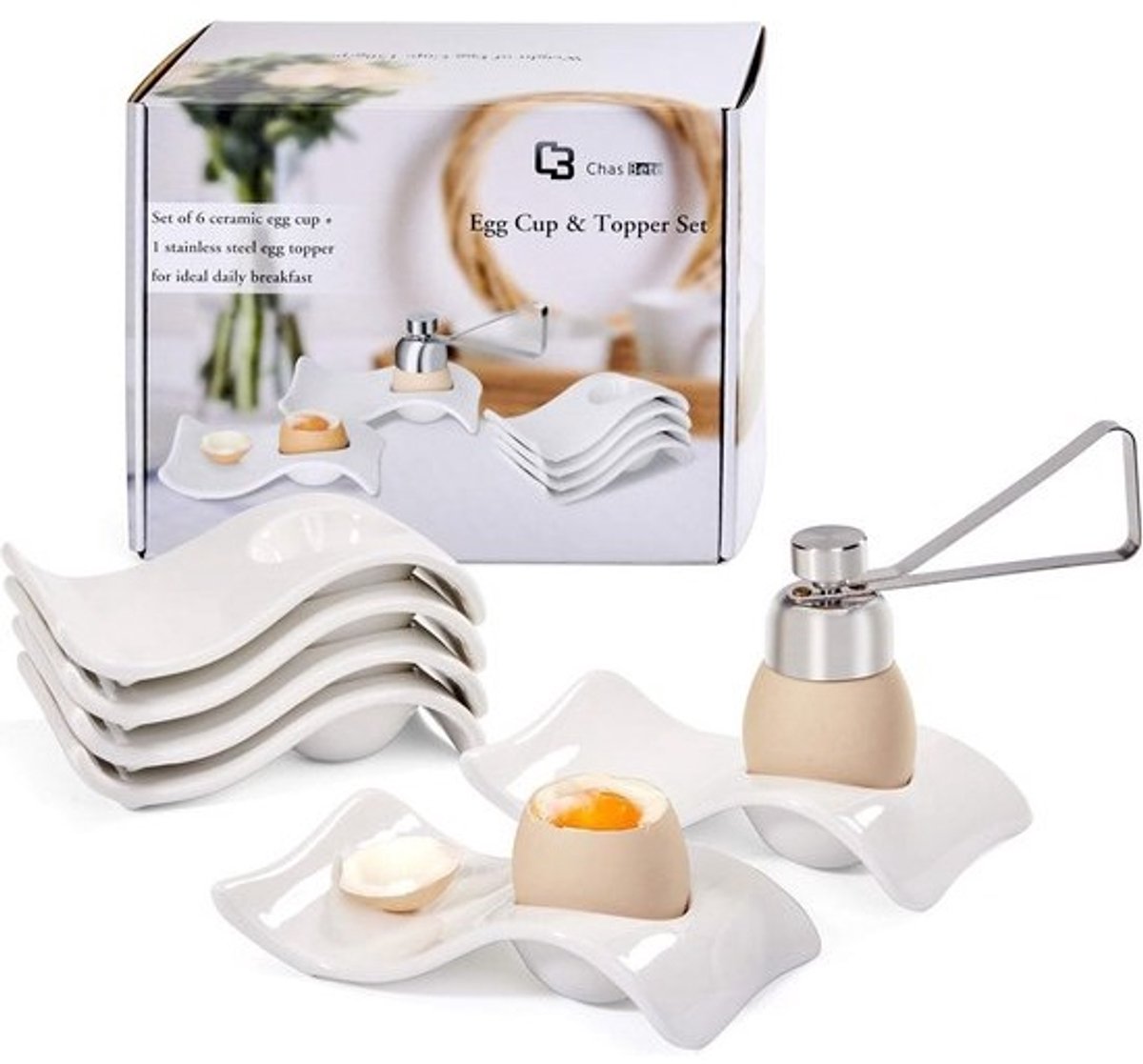 Set van 6 Eierdopjes van Keramiek met Eierpons voor Ontbijt en Brunch