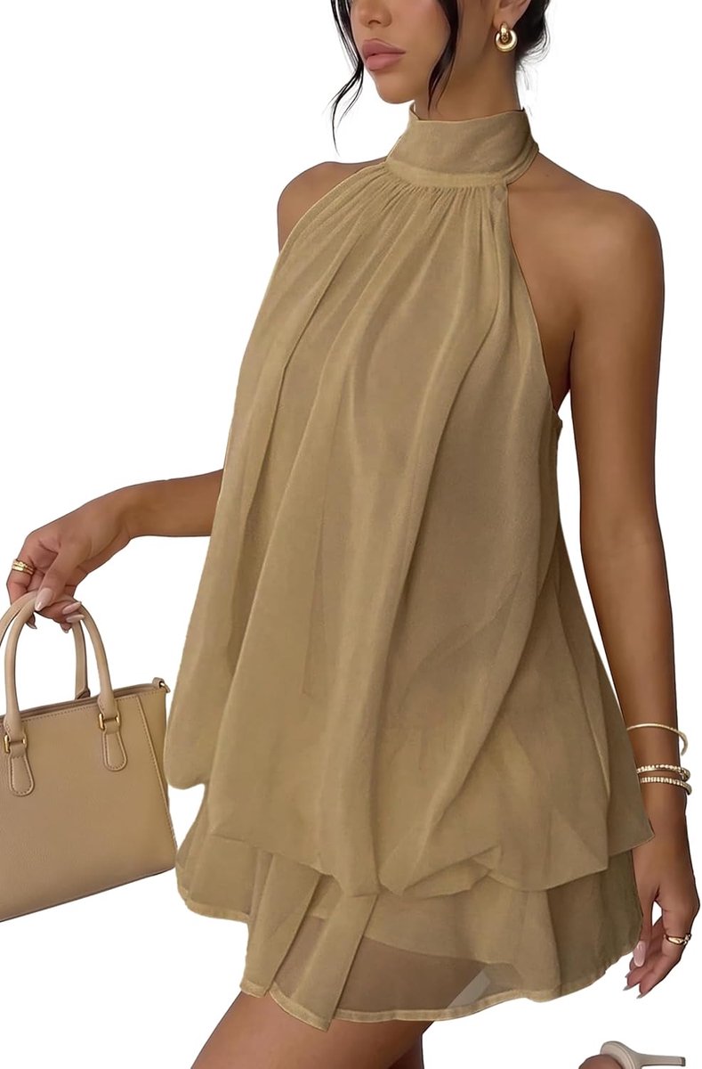 Chique en elegante zomerjurk voor dames, korte jurk, losse halterhals, mouwloos, sexy, mini-jurk, open rug, om te binden, casual, chiffon jurken met ruches, vloeiende jurken voor avond, club