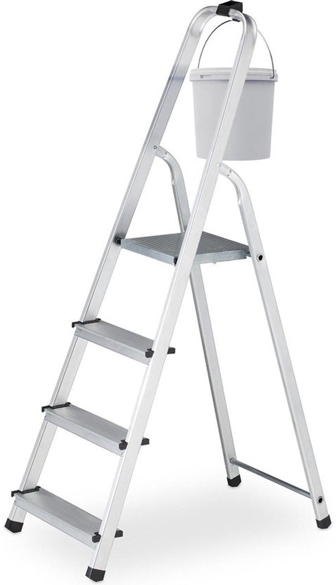 Inklapbare huishoudtrap met 4 treden - lichtgewicht - 125 kg - met leuning - HBD 137 x 43 x 75 cm - keukentrap - zilver/zwart Ladder