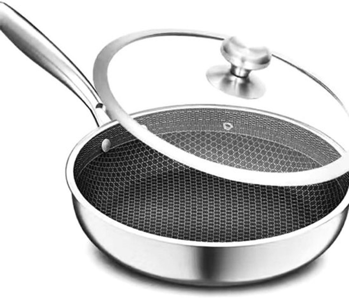 Koekenpan met Deksel - Wokpan Roestvrij Staal - Thuis Koken - Honingraat Non-stick Coating - 32CM - Zilver