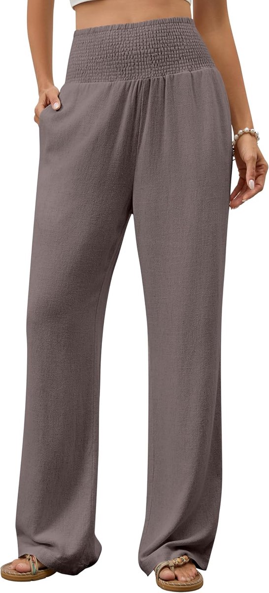 Broek voor dames, wijde pijpen, elegant, palazzo, casual, hoge taille, stoffen broek, lange lichte stoffen broek, plooiband met zakken