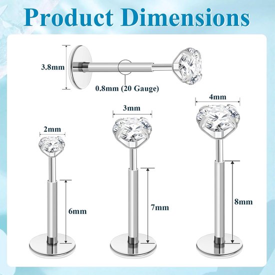 20G Threadless Oorbellen met platte achterkant, gouden tragus labret kraakbeen lip conch helix piercing sieraden hypoallergeen chirurgisch staal push in platte neus oorknopjes voor vrouwen — afbeelding 4