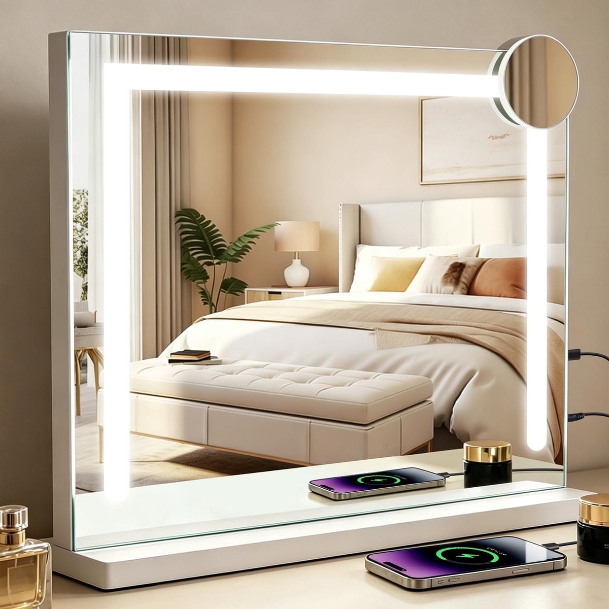 Make-upspiegel met verlichting, 50 x 40 cm, dimbare led-spiegel met 3 kleurlichtmodi, 5-voudige vergroting, USB-aansluiting voor slaapkamer
