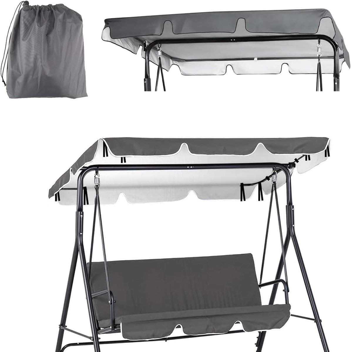 Dakhoes voor schommelbank, universeel, reservedak, 210 x 145 x 18 cm, 420D Oxford-stof, waterdicht, uv-bestendig, weerbestendig beschermdak, voor 2-3-zits, tuin, schommelbank, grijs
