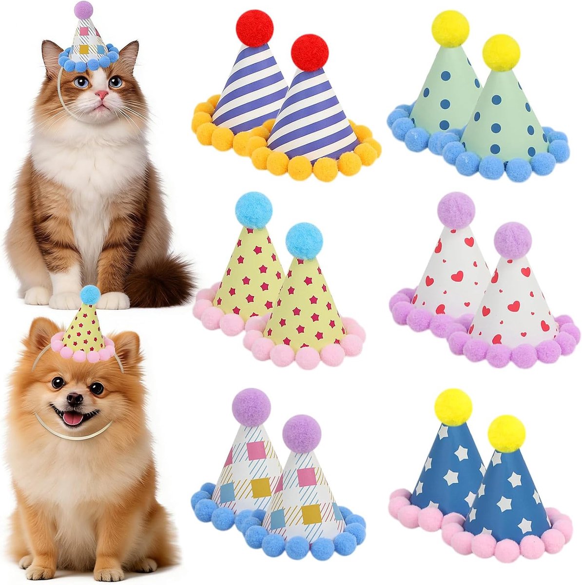 12 Haustierhüte - 12 Mini Partyhüte für Kuscheltiere & Party Animals, 6 Stile (je 2 Stück), Perfekt für Geburtstagspartys