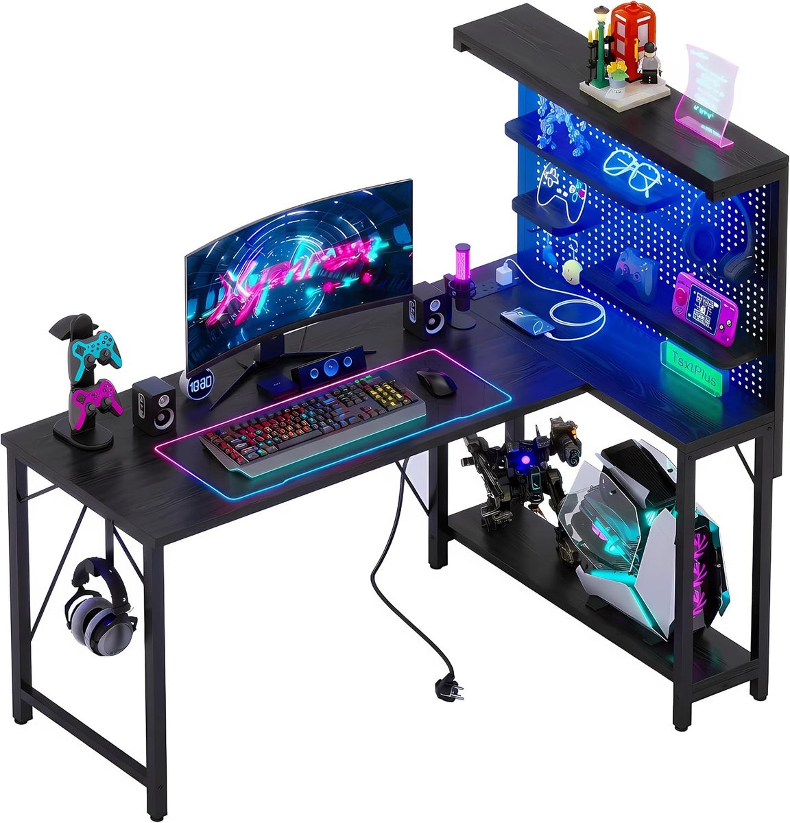 gamingtafel met gatenplaat en planken, hoekcomputertafel met stopcontact, omkeerbare bureautafel met 3 afneembare planken voor thuis, 120 x 80 cm, zwart
