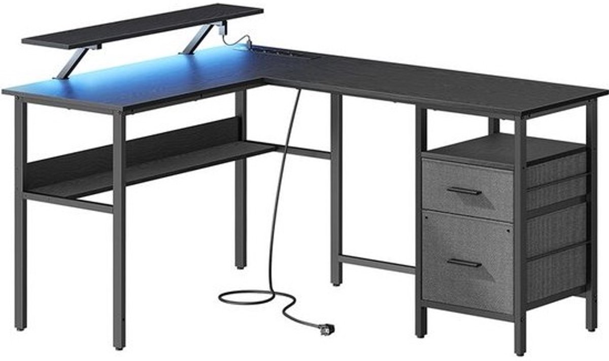 Zanzi L-vormig bureau met stopcontacten - hoekbureau - computerbureau - monitorstandaard - speeltafel - LED-verlichting - USB-poorten - ebbenhout zwart - 150 x 120 x 76 cm