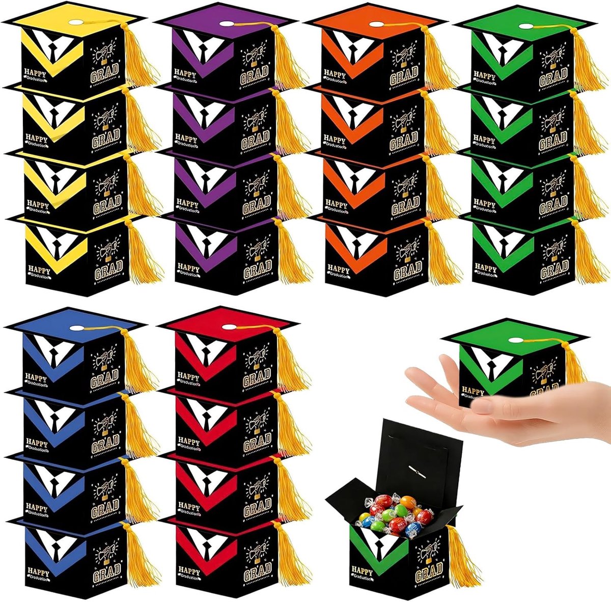 Geschenkdoosjes voor Afstudeerfeest – Set van 24 Stuks – Unieke Dokters Hoed Vorm – Inclusief Gouden Kwastjes – Voor Feestjes en Vieringen – Geschikt voor Snoep, Kleine Snacks en