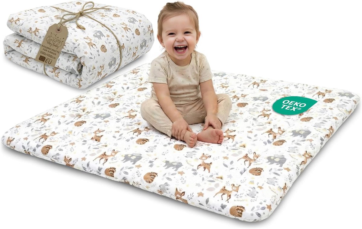 Baby 100 x 100 cm gewatteerd – Speelkleed opvouwbaar en wasbaar op 30 graden voor Kinderkamer Woonkamer Box & onderweg – Speelmat Oeko-Tex gecertificeerd Hert