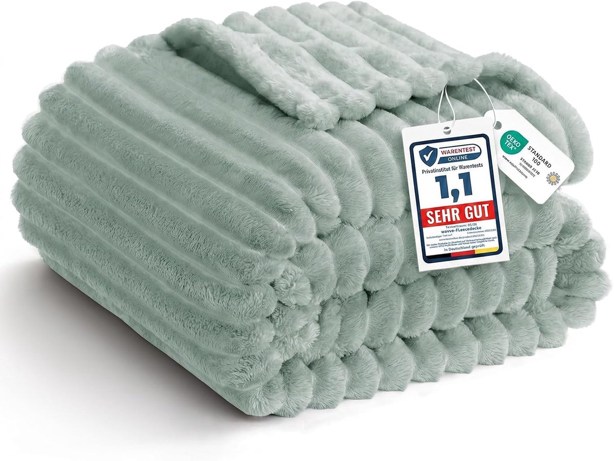 Gestreept Flanel Microvezel Deken 220x240 cm, Saliegroen