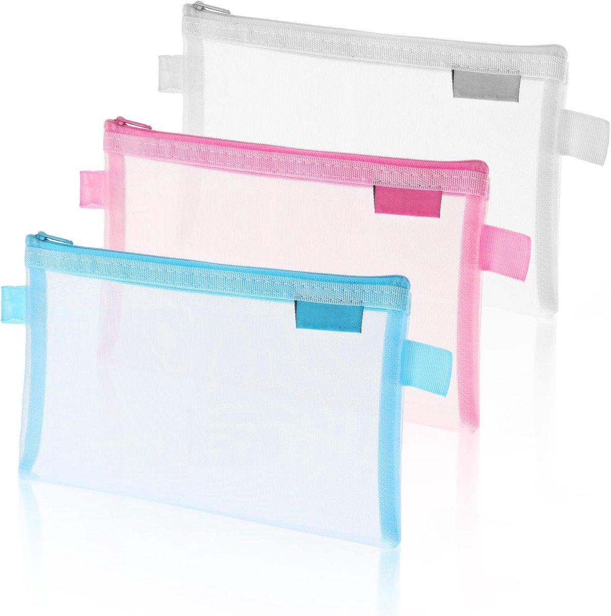 3 stuks transparante etui nylon mesh ritssluiting zak pennenetui clear exam potlood pouch draagbare schrijfwarenetui voor school kantoorbenodigdheden cosmetica opbergtas, roze, wit, blauw, 20 cm x 12