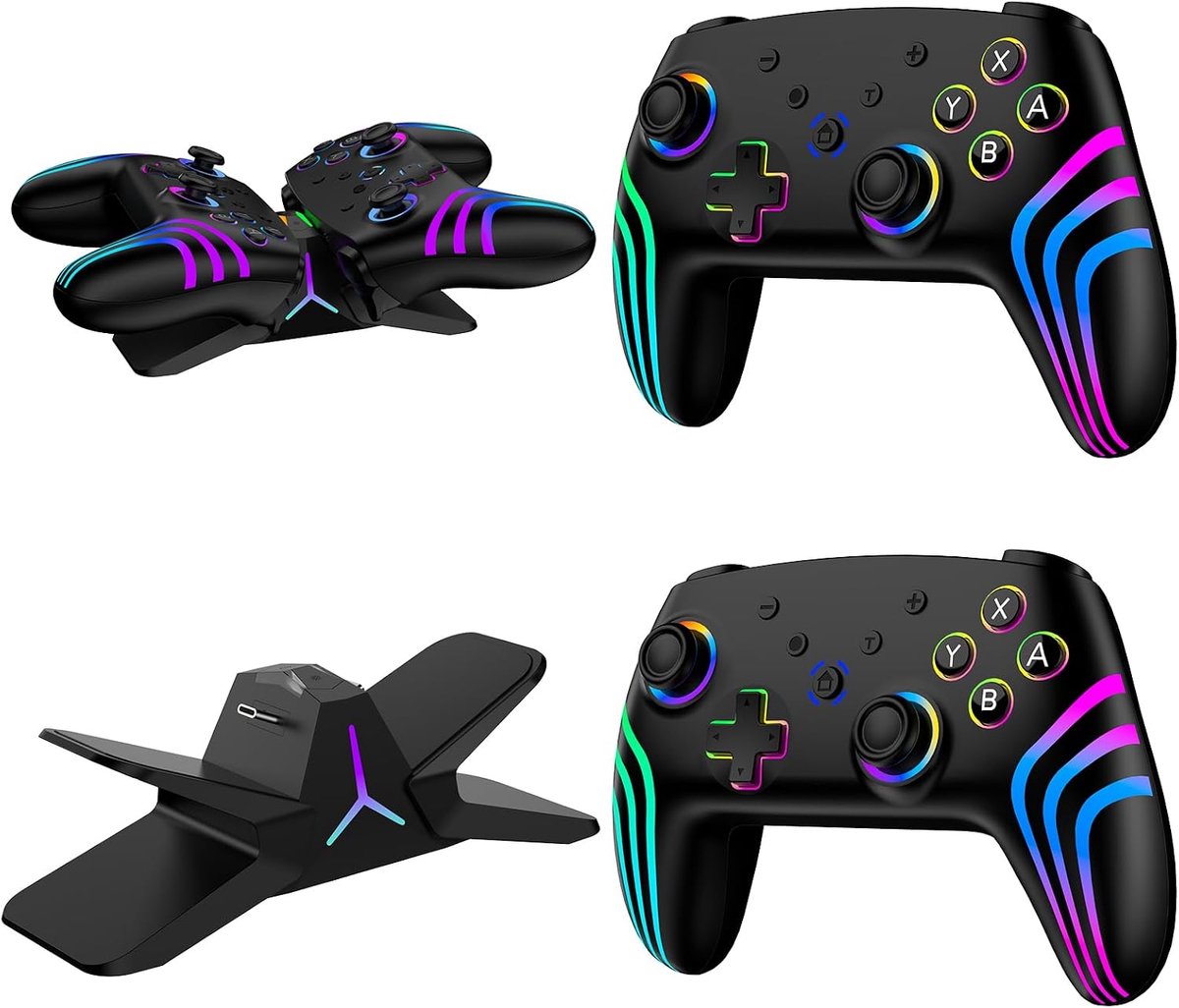 2 Controller, 2 stuks met oplaadstation,Switch Controller voor Switch/Lite/OLED/PC, Switch 2 Pro Controller met RGB, wekfunctie, gyroscoop, dubbele trilling, turbo en screenshotfunctie