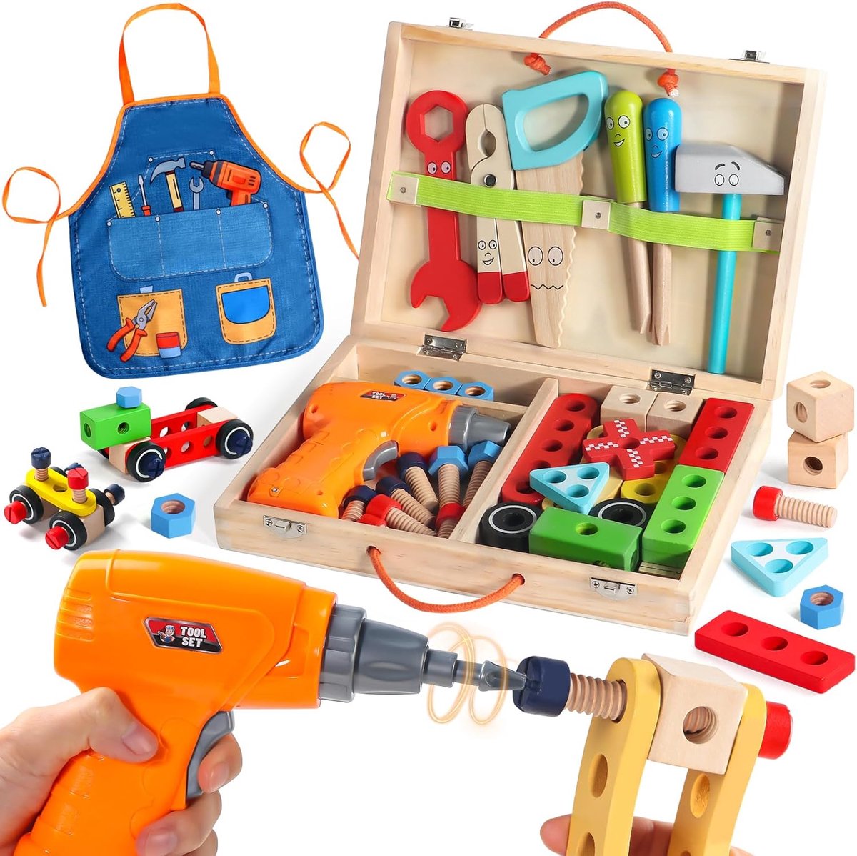 Speelgoed 3 Jaar Montessori Speelgoed 3 4 Jaar Jongen en Meisje, Gereedschapskist Kind, Kinder Speelgoed met Accuschroevendraaier en Schort Rol-play Kinder Gereedschapskist Cadeau voor Kleuter 3+