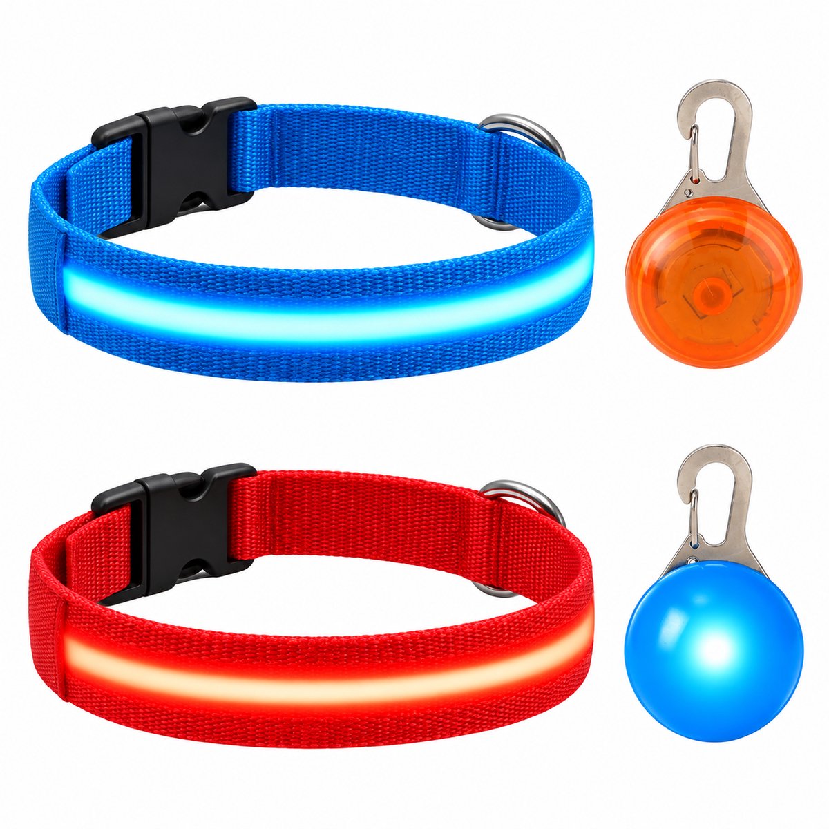 Professor Q LED Halsband Set Hond - Blauw/Rood S (34–41 cm) - 2 Halsbanden + 2 Lampjes - Nylon USB Oplaadbaar