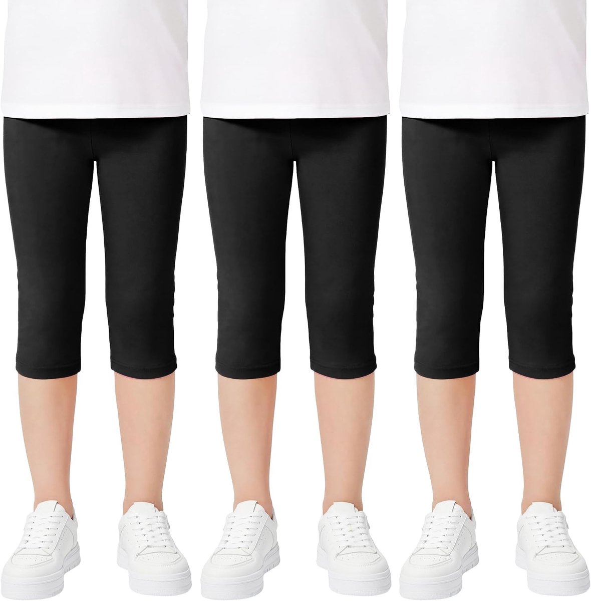 meisjeslegging 3/4 katoenen capribroek, 3-pack, kinderen Ademende zachte capribroeken Comfortabele zomer Eenkleurige sportleggings Actieve kleding, maat 116-158, 6-13 jaar