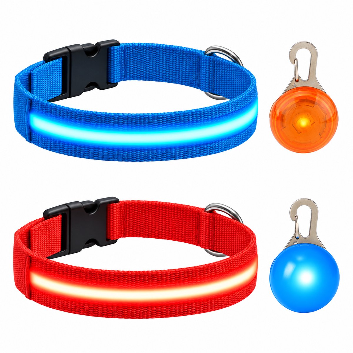 Professor Q LED Halsband Set Hond - Blauw/Rood XS (28–32 cm) - 2 Halsbanden + 2 Lampjes - Nylon USB Oplaadbaar