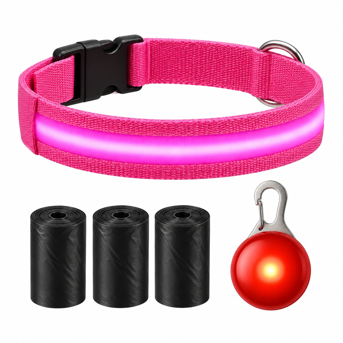 Professor Q LED Halsband Hond - Roze M (37–46 cm) - Rood LED Lampje + 45 Poepzakjes - Nylon USB Oplaadbaar