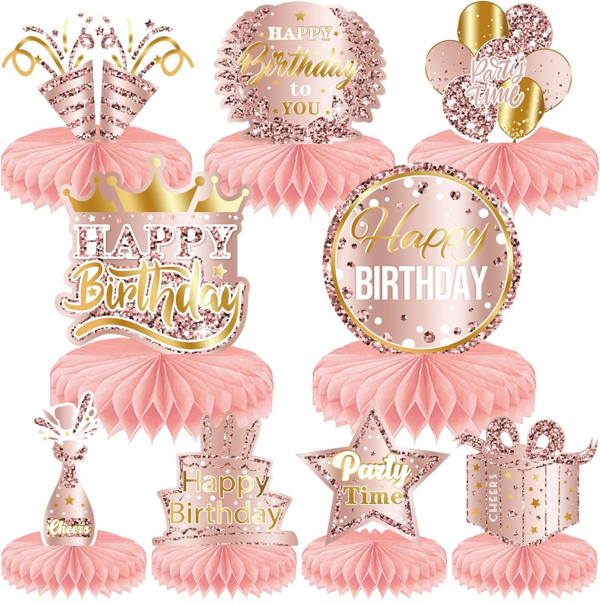 verjaardagsfeestdecoraties, 9 stuks roségouden verjaardagsdecoraties, roze Happy Birthday tafelstukken voor verjaardagsfeestje, feestbenodigdheden voor alle leeftijden voor vrouwen