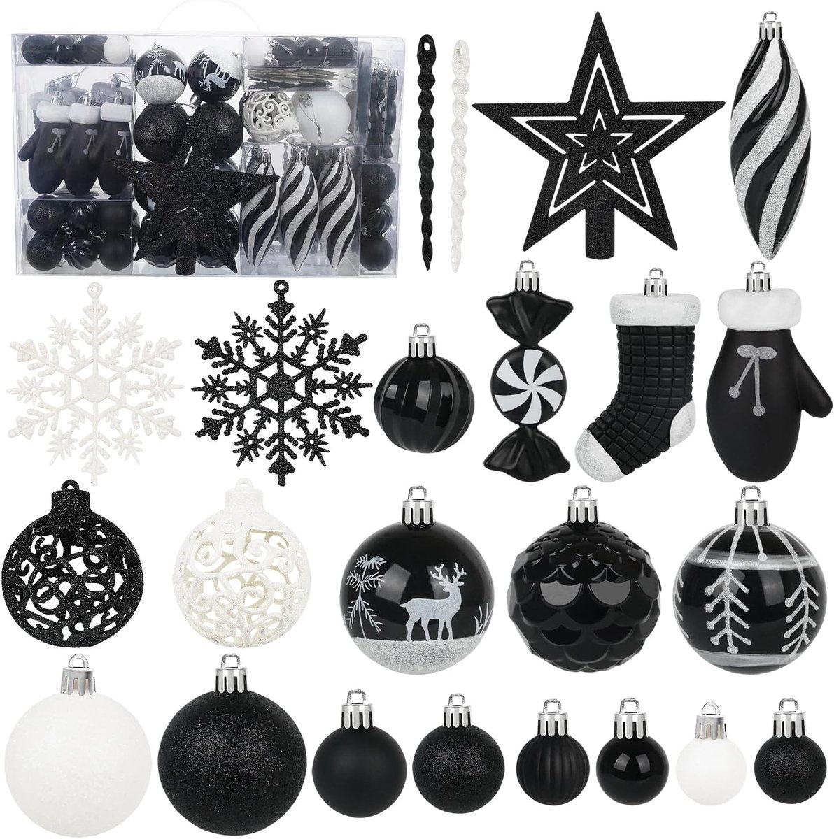 135 stuks Kerstbal Ornamenten Set, onbreekbare plastic diverse voorgebonden kerstballen voor kerstboom hangende decoraties festival feest vakantie decor (zwart)