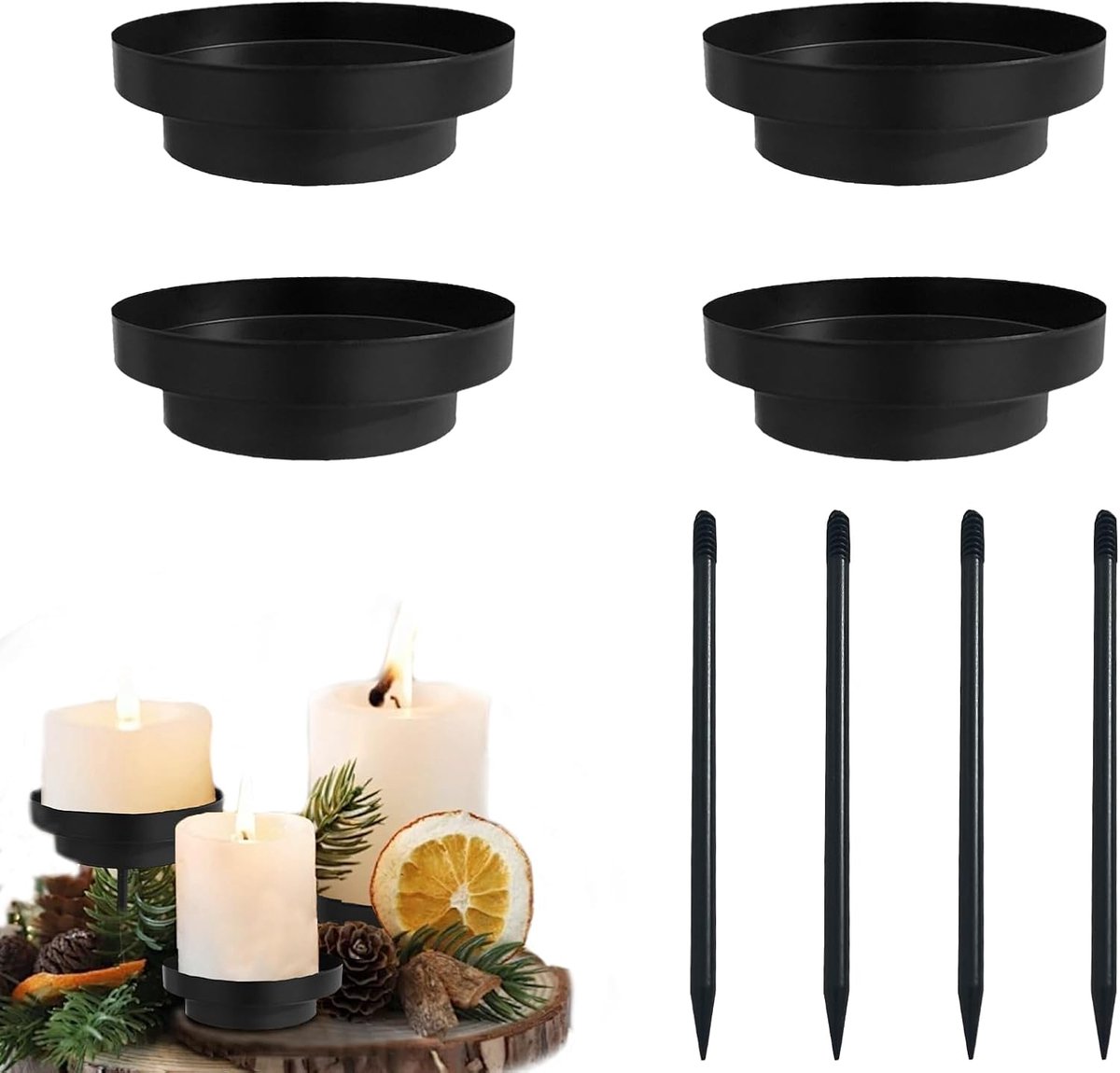 4 Set Kaarsenhouders Adventskrans Zwart, 2In1 Kaarsenhouder Stokkaars Kaarsenplaat Metaal,Kaarsenhouder8 Cm Afneembare Kaarsensteker,Stokkaarshouder Zwarte,Voor Adventskrans Plaat