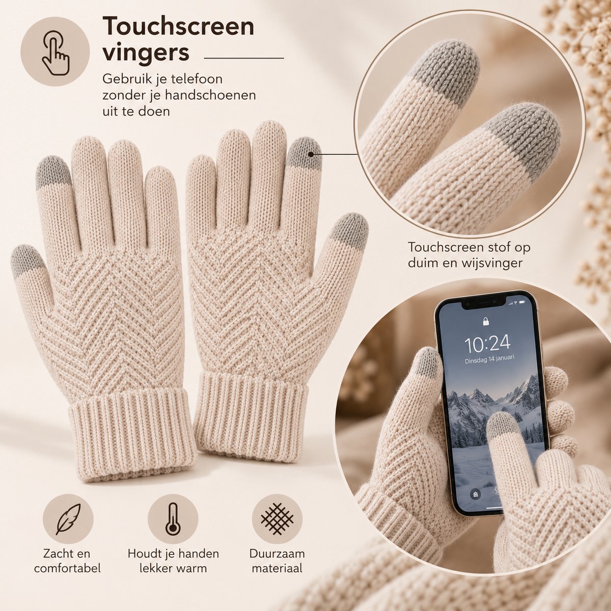 BRD® Winterset met Wol Beige - Muts met Pompon Sjaal Handschoenen - Unisex — cadeau in Mode & Accessoires - foto 8
