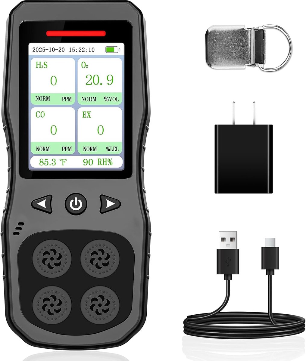 4 Gas Monitor Multi Gas Detector voor O2, CO, H2S, Brandbaar Gas Tester, Oplaadbare 4 Gas Lekdetector, Digitale Gas Meter met Geluid, Licht & Trillingen Alarm