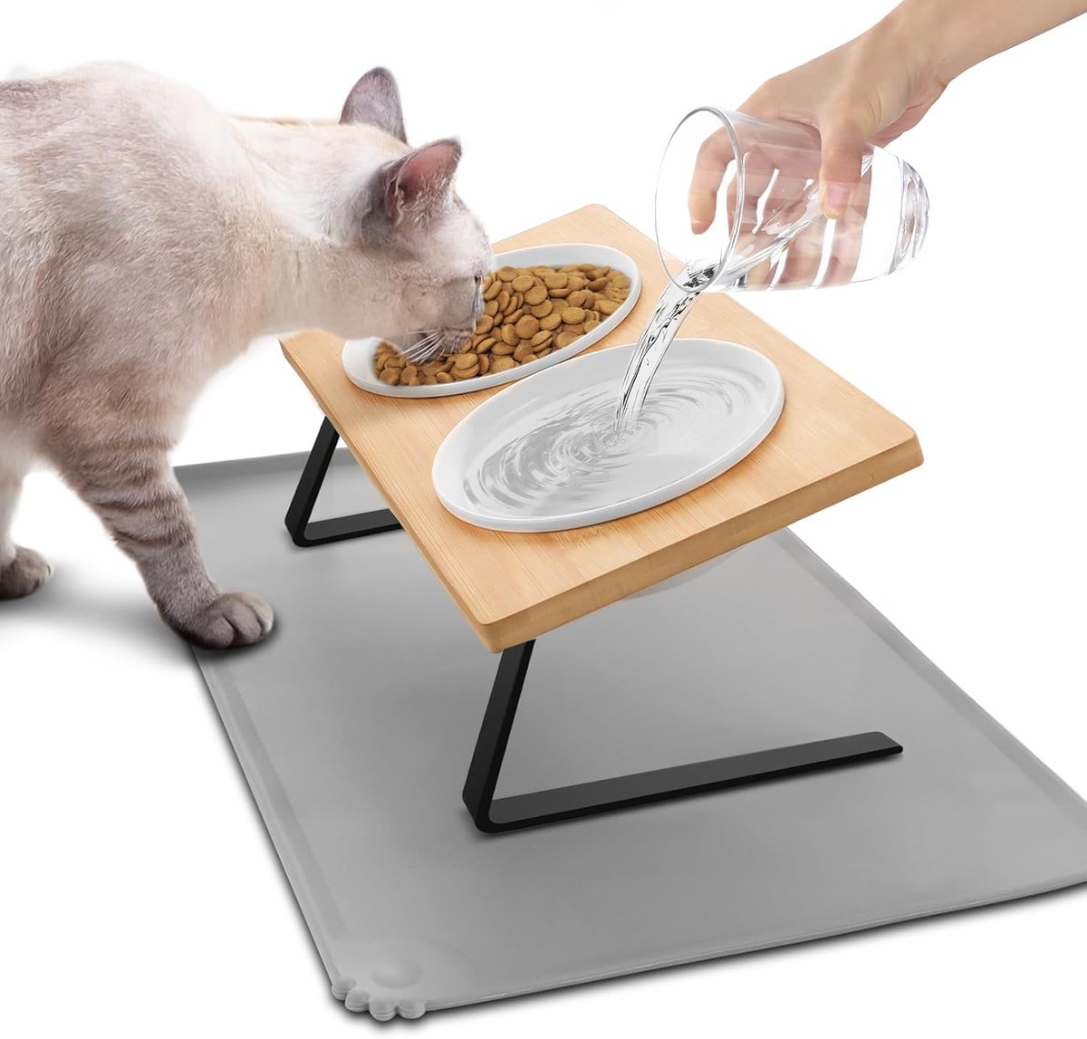 Verhoogde Kattenvoerbak - Ergonomische Keramische Kom met Wasbare Mat voor Kat en Hond - 350ml per Kom