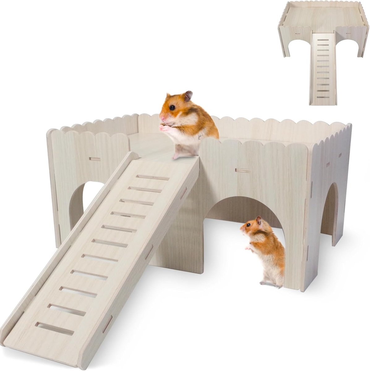Caviahuis met helling, 4 ingangen cavia speelgoed accessoires, konijnenhuis hout, caviahuis voor kleine huisdieren dwerghamsters gerbils degus stekelmuizen