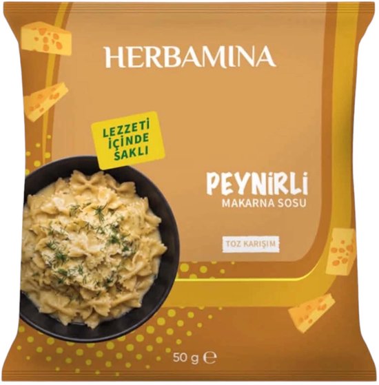 Pakje Herbamina Peynirli Makarna Sosu met kaasillustraties en een afbeelding van pasta met kaas.