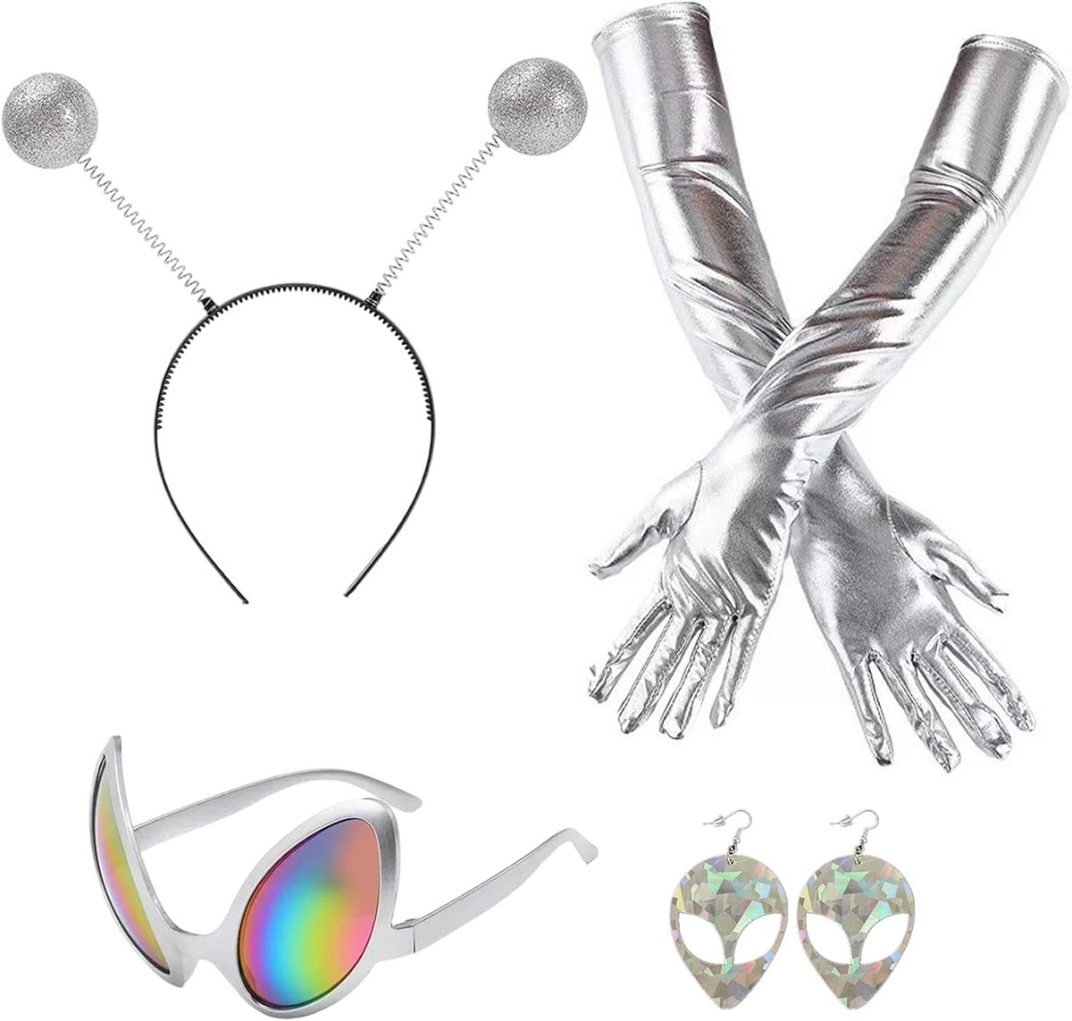 kostuum voor dames, Alien kostuumset voor dames, glanzende accessoires, buitenaardse antenne, hoed, bril, handschoenen, oorbellen voor carnaval, party, cosplay