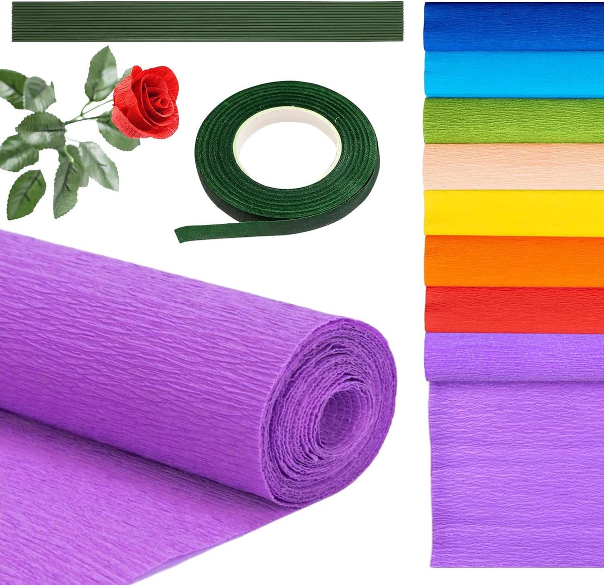 Crêpepapier, crêpepapier, kleurrijk crêpepapier, rollen bloemisten crêpepapier, 25 x 250 cm, voor het maken van Valentijnsdag, bloemen, doe-het-zelf bloemenpapier-handwerk