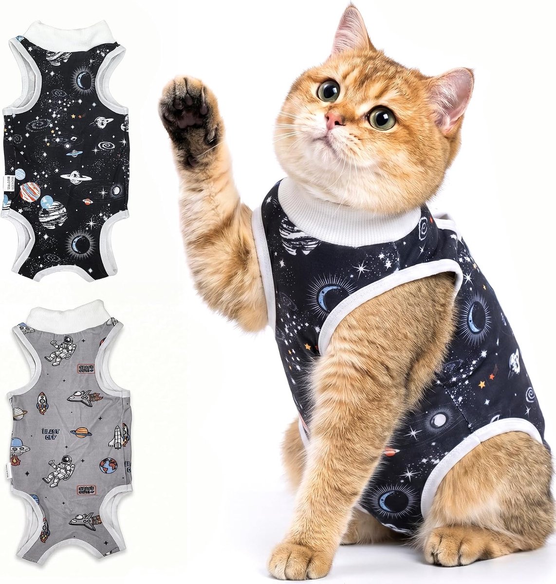 2-delig kattenbody voor katten, na kastratie, sterilisatie, weigeren, anti-rimpel beschermend pak voor buikwonden - Space (S)