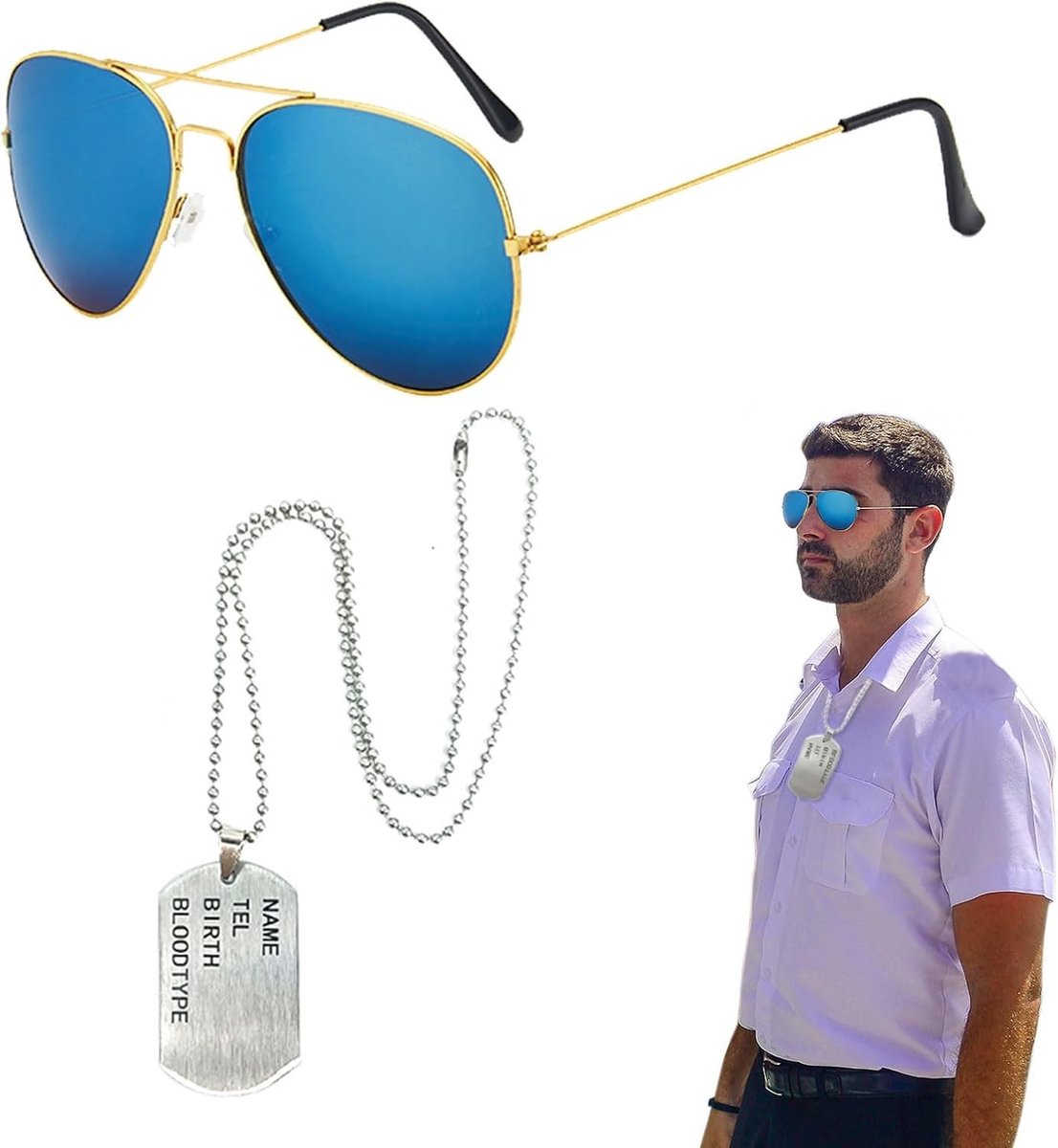 Set van 2 Aviator Kostuums voor Mannen en Vrouwen met Militaire Hoed, Zonnebril en Identificatieplaat - Perfect voor Halloween en Verkleedpartijen