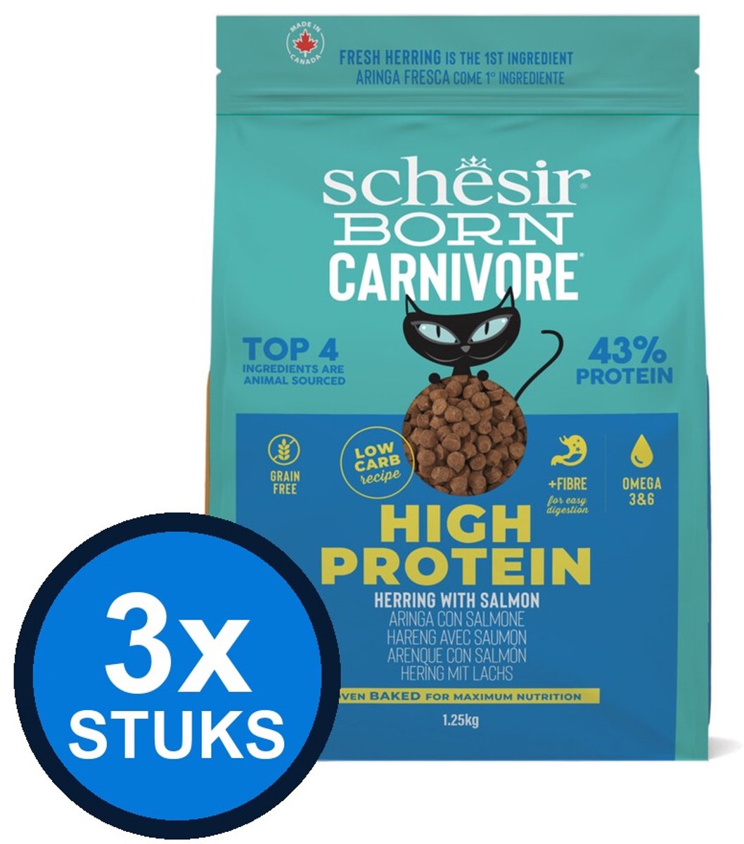 3x Schesir Born Carnivore Kat Dry Haring & Zalm - Kattenbrokken Graanvrij - 1,25 kg